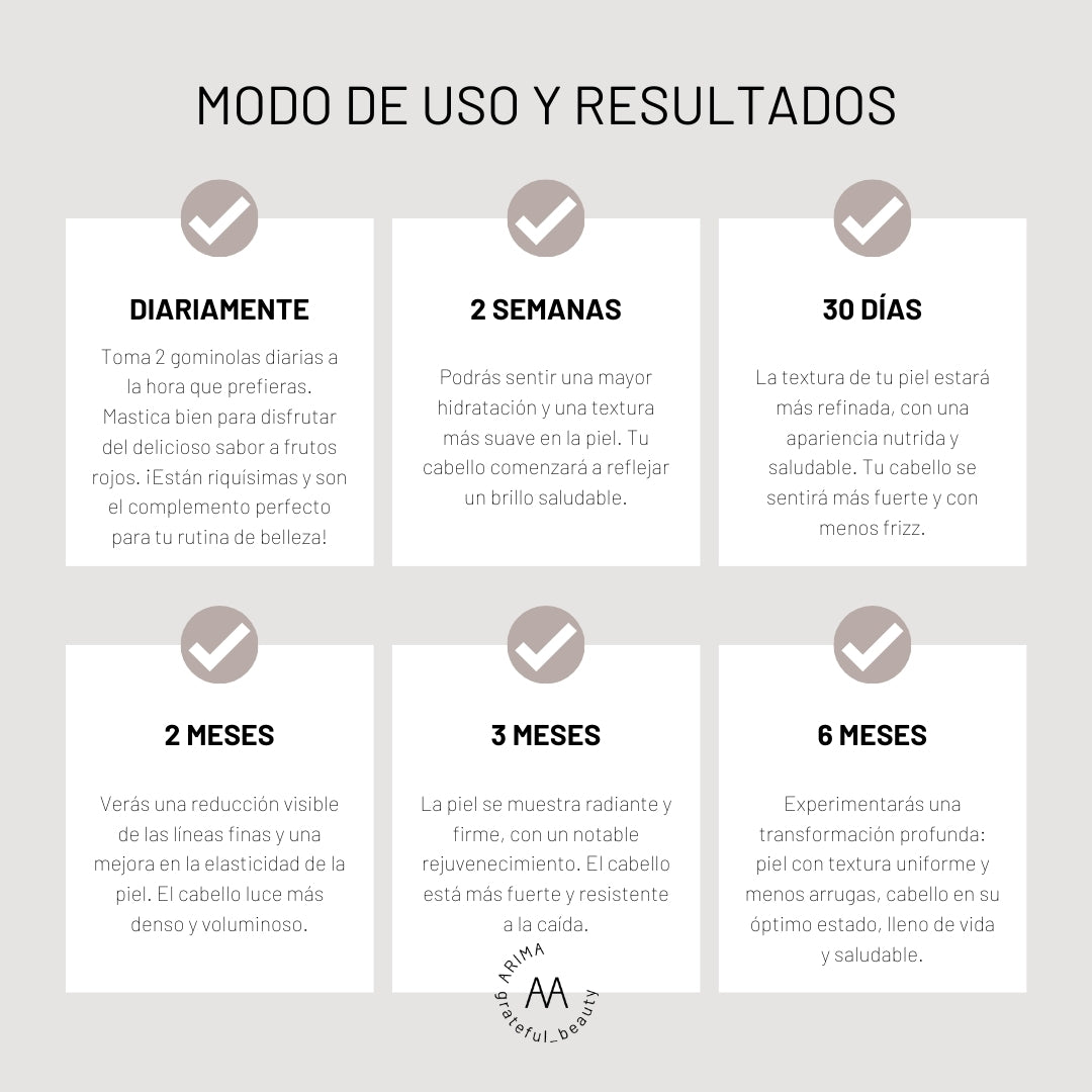 Gummies Efecto Sublime Piel y Cabello Arima, suplemento de belleza Arima y gummies de colágeno
